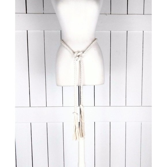 CIvory long woven braided rope knotted fringe tassel tie belt